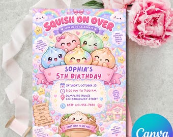Glitter Dumpling Squishy Birthday Invitation, Girl Glitter Dumpling Party Invite, Funny Kids Squishy Dumpling Theme, Editable Canva Template