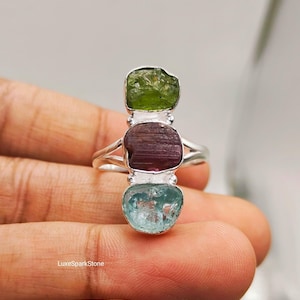 Sterling Silver Raw Multi Stone Ring, Handmade Statement Gemstone Ring, Natural Rough Stone Jewelry, Birthday Gift, Unique Gift for Her