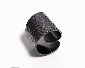 Anillo ancho martillado con rodio negro, anillo abierto de plata de ley 925, anillo minimalista moderno, regalo de joyería unisex.