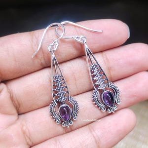 Amethyst Dangle Earrings, 925 Sterling Silver Boho Gemstone Earrings, Drop Stone Earrings, Birthday Gift, Mothers Day Gift for Her