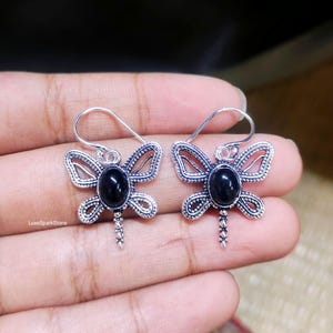 Black Onyx Dragonfly Earrings, 925 Sterling Silver Gemstone Earrings, Nature Inspired Dangle Earrings, Summer Gemstone Jewelry Gift for Her