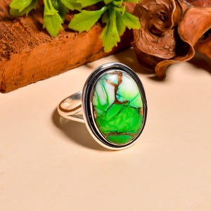 Green Copper Turquoise Statement Ring, 925 Sterling Silver, Oval Gemstone Ring, Handmade Boho Southwestern Unique Jewelry Gift for Her