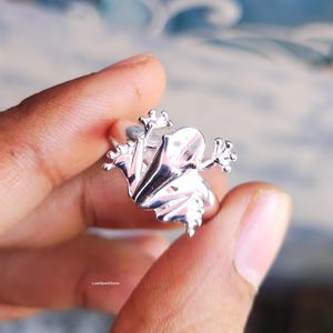 Könnte beinhalten: Ein silberner Froschring. Der Ring zeigt ein detailliertes Froschdesign mit ausgestreckten Gliedmaßen und einer strukturierten Oberfläche. Die Augen und der Körper des Frosches sind klar definiert. Der Ring wird in einer Hand gehalten.