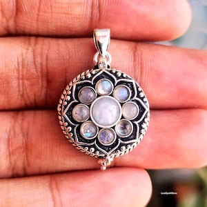 Rainbow Moonstone Locket Pendant, 925 Sterling Silver Vintage Floral Secret Compartment Necklace Gift For Mom, Gemstone Jewelry Gift For Her