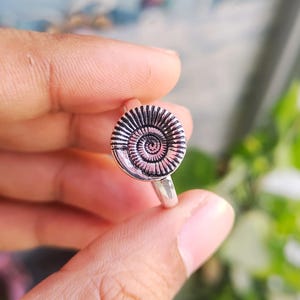 Pu&ograve; includere: Un anello d'argento con un design a spirale dettagliato. L'anello presenta un emblema circolare con linee concentriche, simile a un fossile. L'anello &egrave; tenuto tra le dita su uno sfondo sfocato verde e blu.