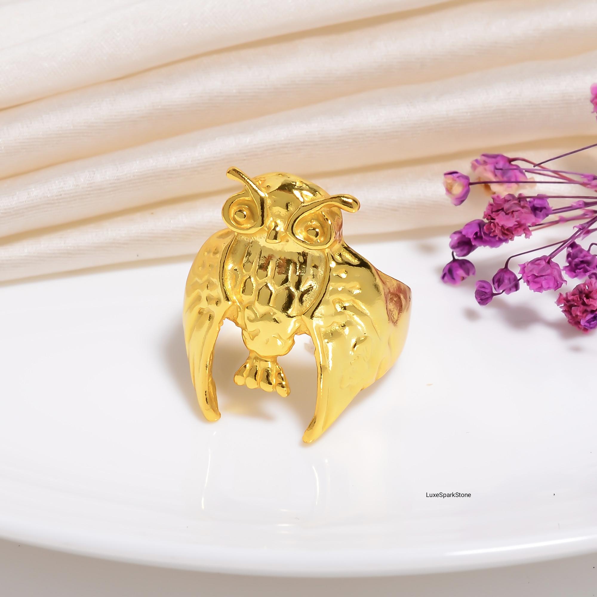 Gold Owl Ring, 925 Sterling Silver Animal Jewelry Statement Ring, Handmade Bird Ring, Nature Inspire