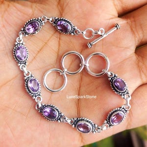 Handmade Amethyst Bracelet, 925 Sterling Silver Bracelet, Gemstone Link Bracelet, Boho Jewelry, Birthstone Gift, Gift for Her, Birthday Gift