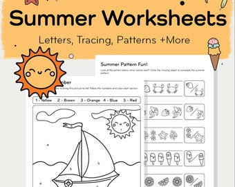 Puede incluir: Hojas de trabajo de verano con el texto "Summer Worksheets Letters, Tracing, Patterns + More". Las hojas de trabajo incluyen una página para colorear de un velero, un sol y actividades de emparejamiento de patrones.