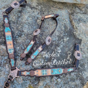 Turquoise & Orange Navajo Leather Tack Set with Copper Hardware