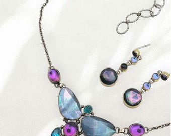 Vintage Michou Cascade 925 Sterling Silver Natural Stones Descending Pendant Necklace/ Earrings Set