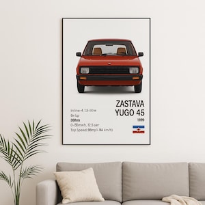 Zastava Yugo 45 front Retro Car Poster – 1988 Classic Yugoslav Hatchback Print | A2 Wall Art | Vintage Auto Illustration
