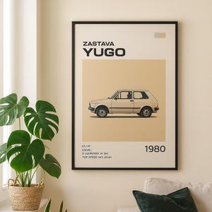 Zastava Yugo 1980 Poster – Vintage Yugoslavian Car Wall Art, Retro Classic Auto Print for Garage, Man Cave & Living Room Decor - Beige