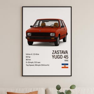 Zastava Yugo 45 Retro Car Poster – 1988 Classic Yugoslav Hatchback Print | A2 Wall Art | Vintage Auto Illustration