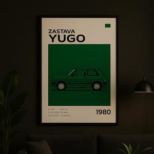 Zastava Yugo 1980 Poster – Vintage Yugoslavian Car Wall Art, Retro Classic Auto Print for Garage, Man Cave & Living Room Decor - Green
