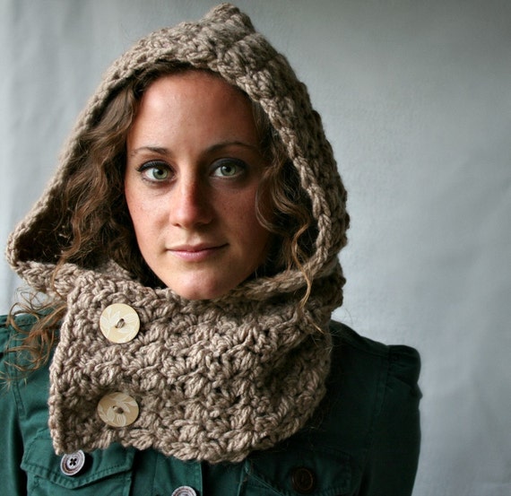 Items similar to Hooded Cowl - Scoodie - Oatmeal Brown - Wooden Buttons ...
