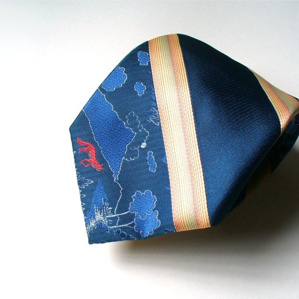 Vintage Red Fox Neck Tie - Deep Midnight Navy Blue and Beige Striped Beau Brummell Neckwear