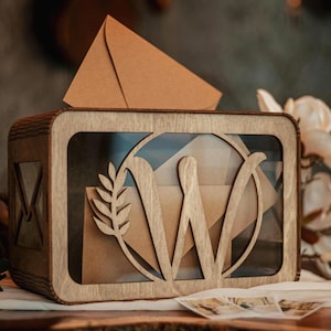 Rustieke trouwkaartdoos met sleuf | Gepersonaliseerde houten herinneringsdoos | Boho vrijgezellenfeestdecoratie en envelophouder