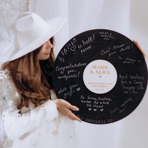 Unique Personalized Vinyl Record Guest Book Alternative for Wedding | Retro Music Theme Sign for Guests to Write Special Messages
