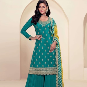 Indischer Designer Rama Sharara Palazzo Anzug für Frauen mit Sequenz Stickerei Arbeit, Party Wear Anzug Sangeet Festliche Kleidung Anzug sharara Anzug