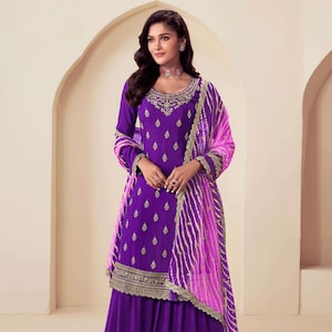 Indian Designer Sharara Palazzo Suit For Women with Sequence Embroidery Work, Party Wear Suit, Sangeet Festive Wear Suit top Dharara suit