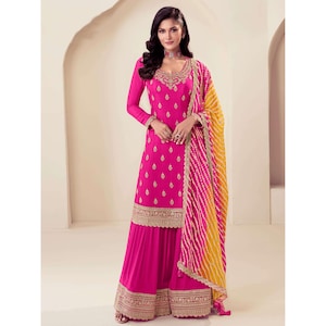Designer Rani Pink Sharara Palazzo Anzug für Frauen mit Sequenz Stickerei Arbeit, Party Wear Anzug, Sangeet Festliche Kleidung Anzug top sharara Anzug
