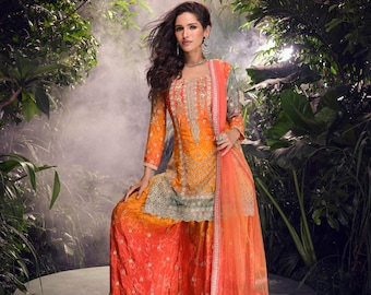 Traje Sharara de diseñador en color naranja para mujer, vestidos confeccionados de salwar kameez festivos indios pakistaníes.