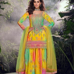 Multi color Designer Sharara Suit Readymade for Women, Indian Pakistani Reception Salwar Kameez Suit, Palazzo Dress for Wedding