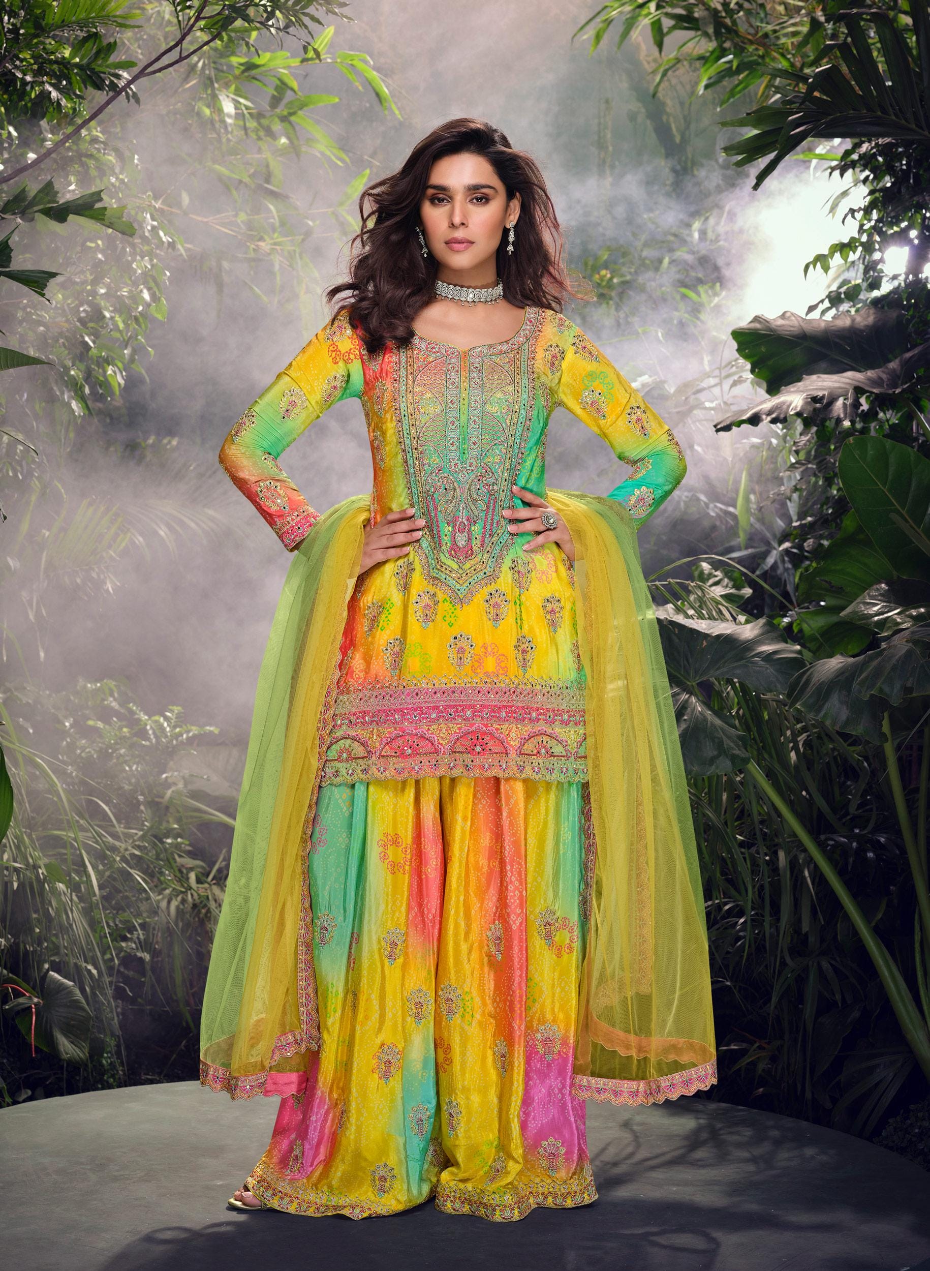 Traje Sharara de diseñador multicolor confeccionado para mujer, traje Salwar Kameez de recepción indio-pakistaní, vestido Palazzo para boda.