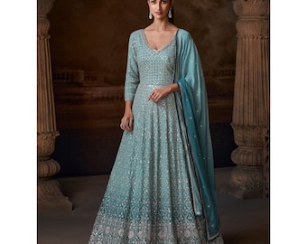Traje Anarkali con toque floral verde azulado para mujer, confeccionado para recepción de boda india pakistaní, vestidos florales de georgette.