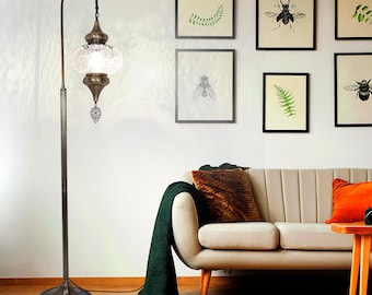 Turkish Swanneck Floor Lamp, With Cracked Blown Glass Shade Standing Light