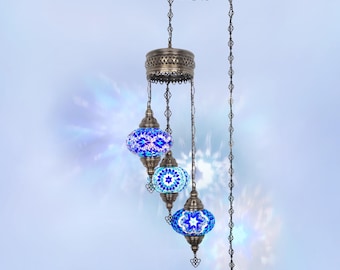 Bunter türkischer Buntglas-Leuchter | 3 Weltkugel Steckanhänger Swag Licht | Handmade Dekor