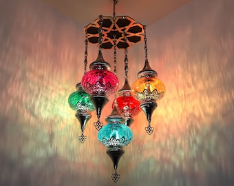 Cracked Glass 5-Globe Turkish Chandelier in Silver Finish