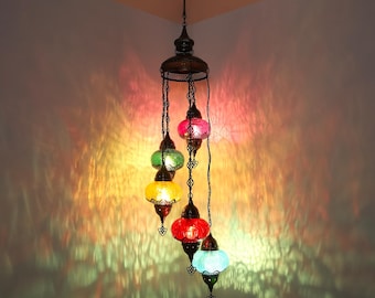 Lustre turc 5 globes plafonnier en verre fissuré coloré pour décor de restaurant