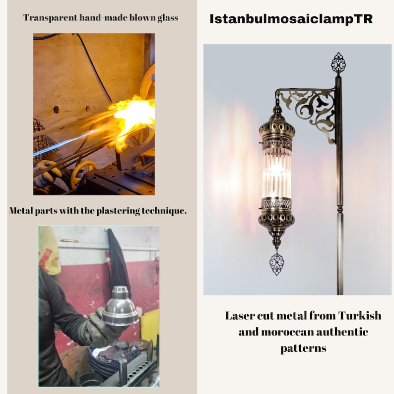 May include: An ornate, antique-style lamp with a cylindrical glass shade and intricate metalwork. The lamp features laser-cut metal patterns and is suspended from a decorative arm. The image also shows the glass-blowing process and metal parts.