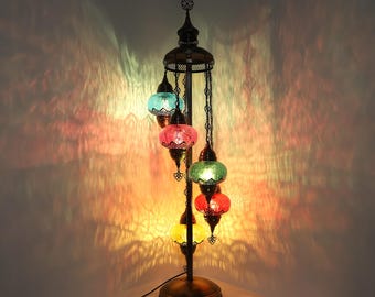 Turkish Floor Lamp 5 Globe Colorful Cracked Glass with Hammered Metal Stand