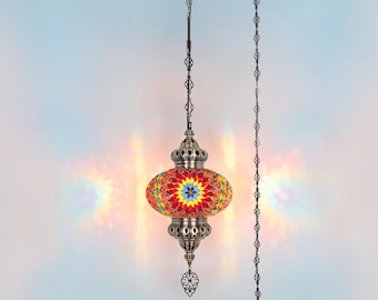 Handmade Turkish Mosaic Pendant Lamp: Flame Color Big Globe Plug-In