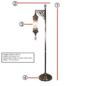 May include: An ornate floor lamp with a decorative globe. The lamp has a height of 64.96 inches (165 cm) and a width of 22.44 inches (57 cm). The globe size is 9.84 inches (25 cm) high and 3.94 inches (10 cm) wide. The base is 11.81 inches (30 cm).