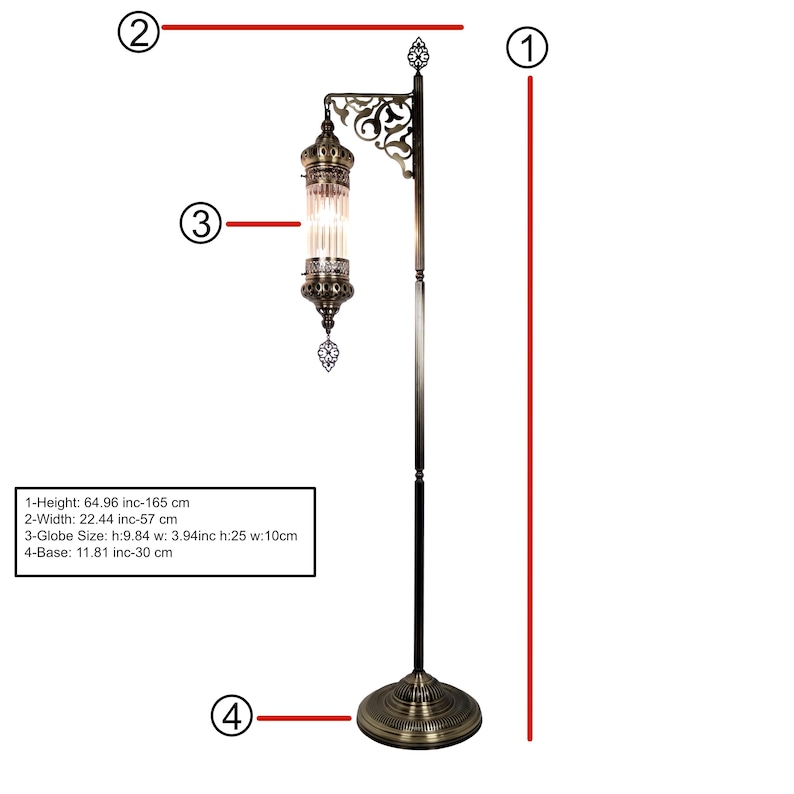 May include: An ornate floor lamp with a decorative globe. The lamp has a height of 64.96 inches (165 cm) and a width of 22.44 inches (57 cm). The globe size is 9.84 inches (25 cm) high and 3.94 inches (10 cm) wide. The base is 11.81 inches (30 cm).