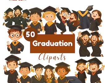Watercolor Graduation Clipart Set: School & Party Decorations (50 PNG Files)