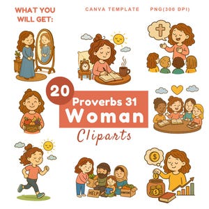 proverbs 31 woman clipart bundle cute whimsical watercolor printable bible godly woman digital Illustrations transparent stickers SVG PNG