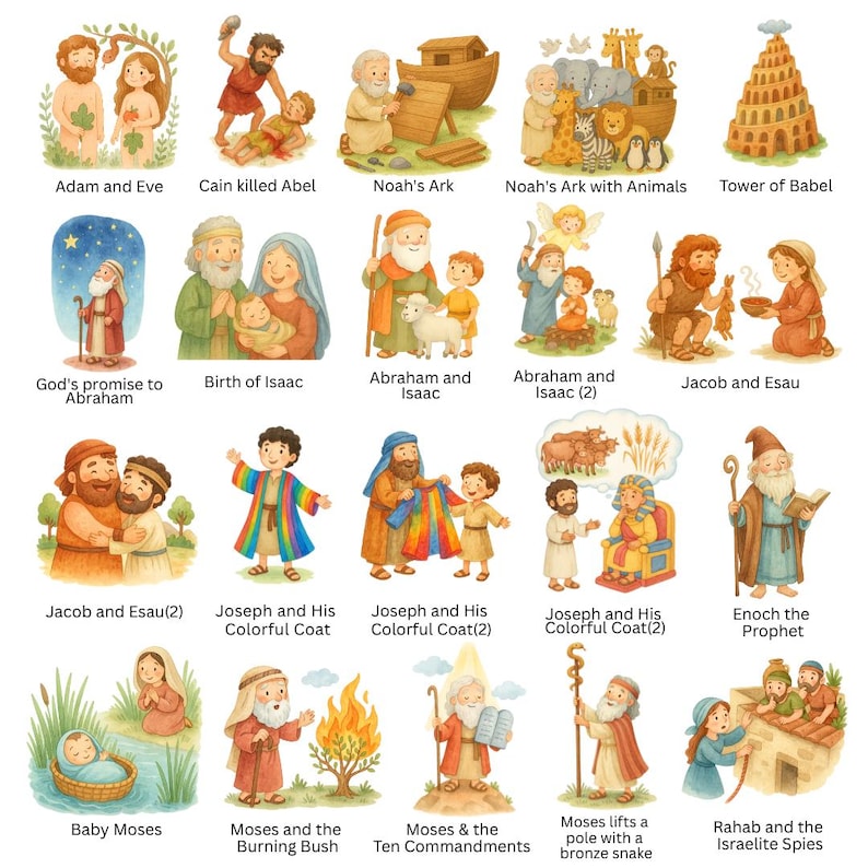May include: A collection of watercolor illustrations depicting biblical scenes. The images include Adam and Eve, Cain killing Abel, Noah's Ark, the Tower of Babel, and other stories from the Bible. Each image has a title below it.