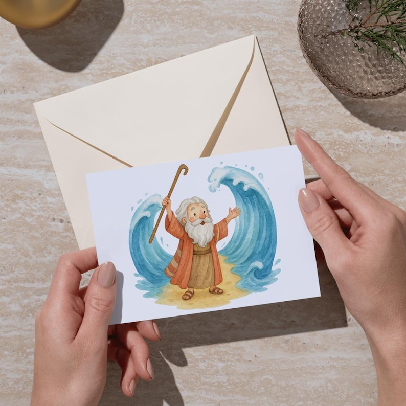 May include: A greeting card featuring an illustration of a biblical figure with a white beard and orange robe, holding a staff, standing between two blue waves. The card is held by two hands, with a cream-colored envelope in the background.