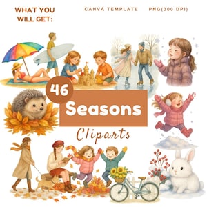 Bundle de cliparts aquarelle quatre saisons, cliparts saisonniers, clipart météo, clipart été, clipart automne, clipart printemps, clipart hiver