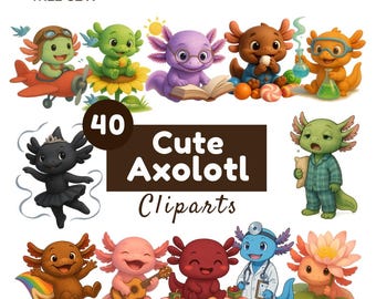 Aquarel Axolotl-clipartbundel, 40 png-bestanden, canva-sjabloon (digitale download)