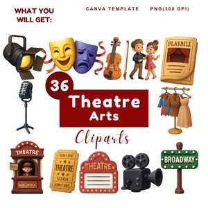 Könnte beinhalten: Eine Sammlung von 36 Theater-Cliparts. Enthält einen Scheinwerfer, Komödien- und Tragödienmasken, eine Geige, ein Mikrofon, ein tanzendes Paar, ein Programmheft, Kostüme, eine Theaterkarte, eine Filmkamera, eine Theatermarkise und ein Broadway-Schild.