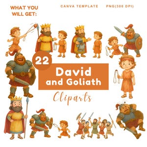 May include: A set of 22 "David and Goliath" clip art images. The illustrations depict characters in various poses, including kings, soldiers, and a young boy with a slingshot. The colour palette includes orange, yellow, and brown.