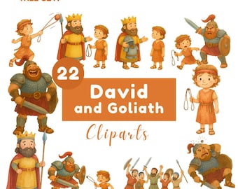 David and Goliath Clipart Bundle: Kids' Bible Story, Watercolor Illustration (PNG, SVG, Canva Template)