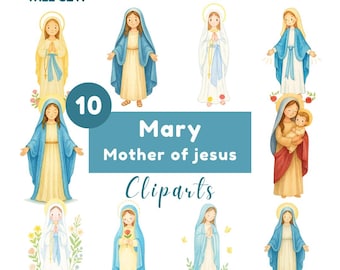 May include: A set of 10 watercolour clip art images depicting Mary, Mother of Jesus. The illustrations show Mary in flowing robes, with halos and floral details. Text includes "Mary Mother of Jesus Cliparts".