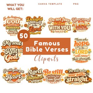 May include: An image showcasing 50 famous Bible verses in a vintage style. The design includes quotes with floral accents and the text "Famous Bible Verses Cliparts". The colour scheme features orange, brown, and cream.