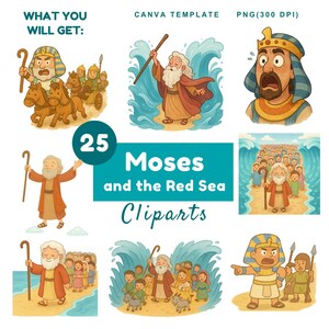 Mojżesz i Morze Czerwone clipart pakiet cyfrowe pobieranie historia biblijna słodkie dzieci akwarela kapryśna ilustracja przezroczysta naklejka SVG PNG